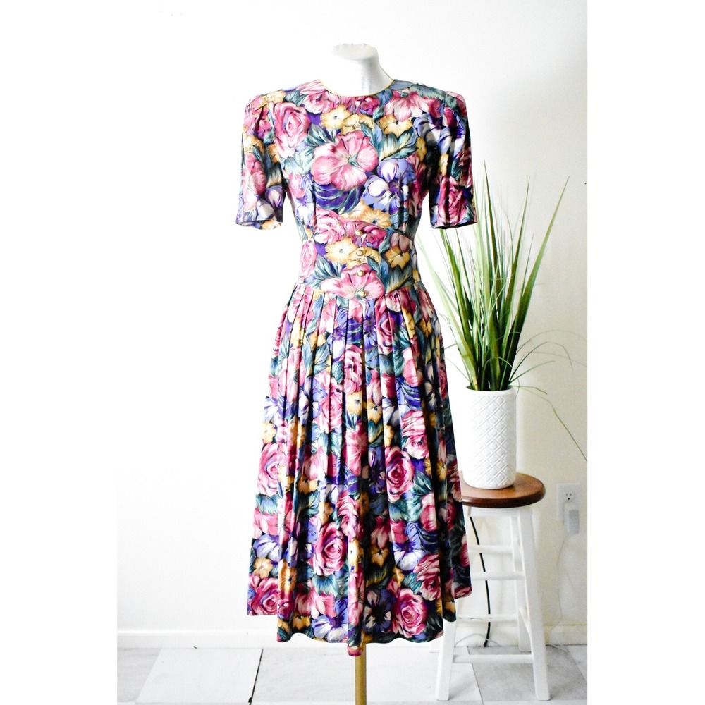 Jessica Howard Floral Dress Womens 6 Multi 80s Basque Waist Faux Pearl Button